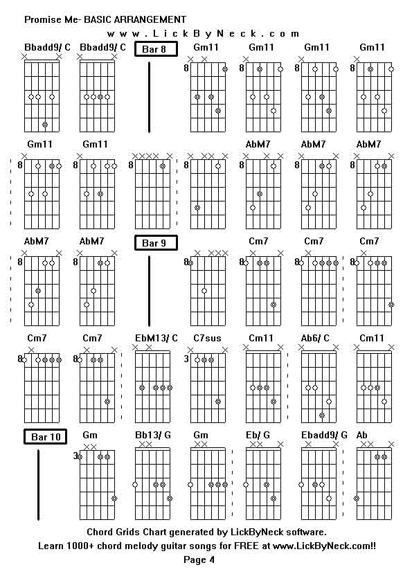 Chord Grids Chart of chord melody fingerstyle guitar song-Promise Me- BASIC ARRANGEMENT,generated by LickByNeck software.